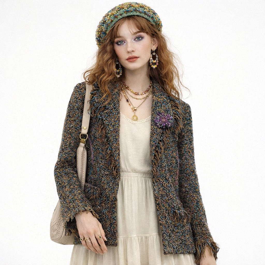 Vintage Woven Tweed Fringe Tassel Open Front Jacket Xl